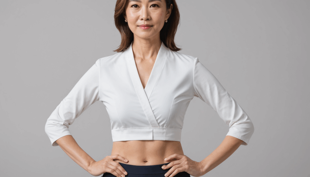 40代の女性が自信に満ちた表情で、引き締まったウエストを見せる姿。明るい医療クリニックの背景で、お腹痩せやダイエットの重要性を感じさせる。