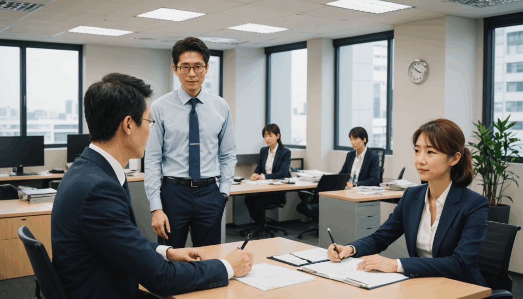 日本のオフィスで、退職理由を丁寧に伝え、同僚に感謝の意を表しながら円満退職を目指す様子。