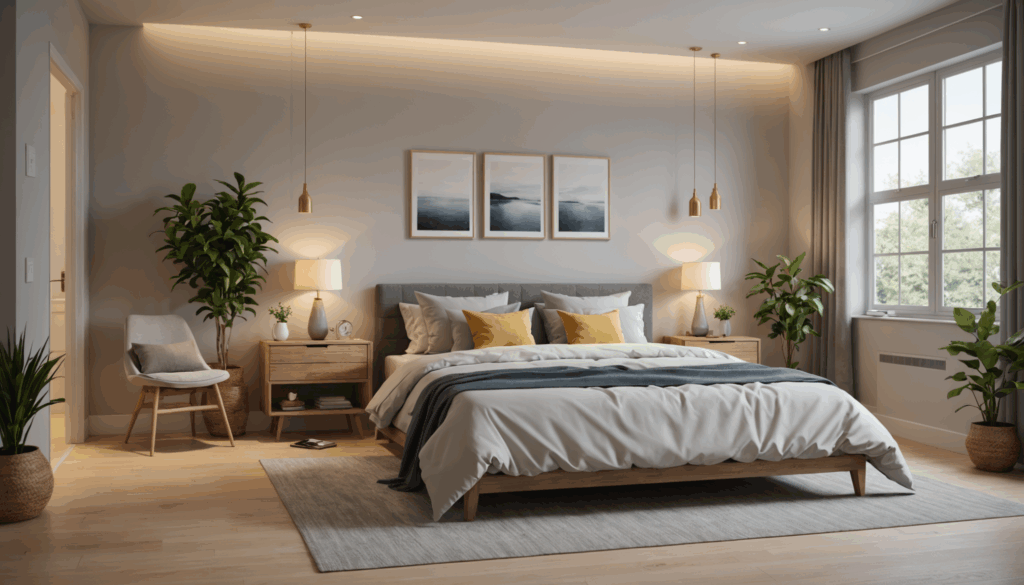 リラックスできる寝室の写真。快適な寝具や穏やかな色合い、ハーブティー、ヨガマットがあり、健康的な生活習慣を目指す雰囲気を醸し出している。