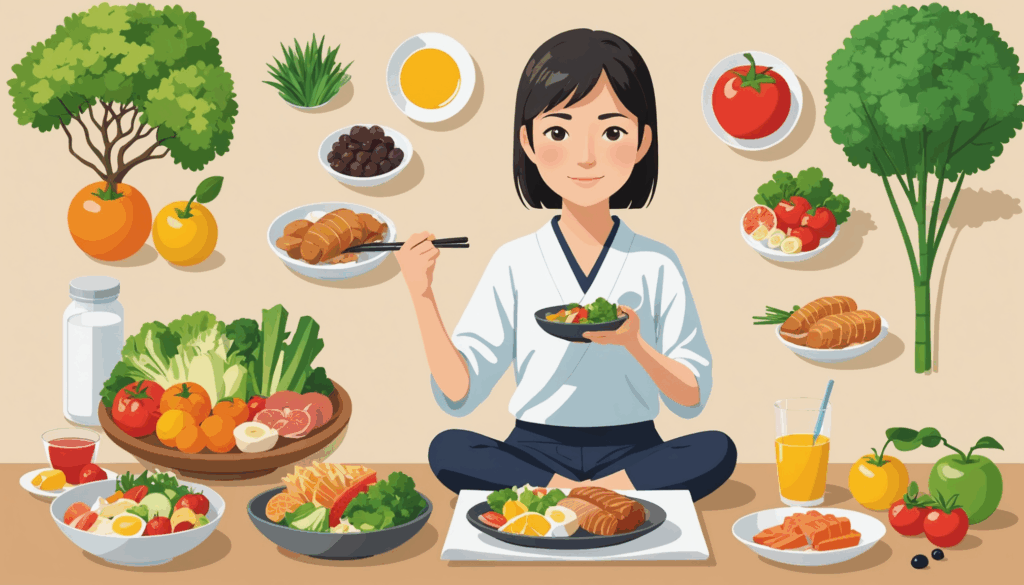 健康的な生活習慣を実践する日本人の写真。バランスの取れた食事や運動、ストレス管理を行っている様子が描かれ、ダイエットや体重管理の重要性を強調しています。