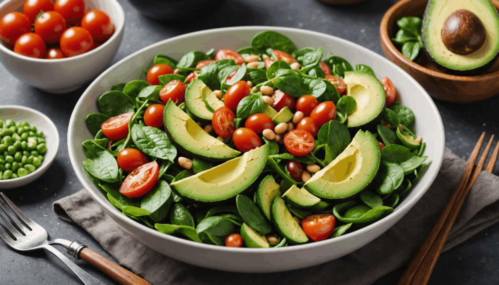 カラフルなサラダの写真。アボカドやほうれん草、トマト、キュウリ、豆が盛り付けられ、むくみ解消におすすめの食べ物が揃っています。