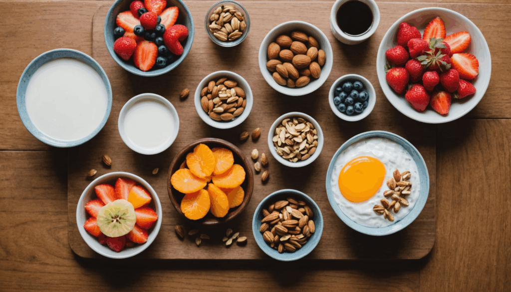 ナッツやフルーツ、ヨーグルトが美しく盛り付けられた健康的なおやつの写真。ダイエット中でも楽しめる間食のおすすめです