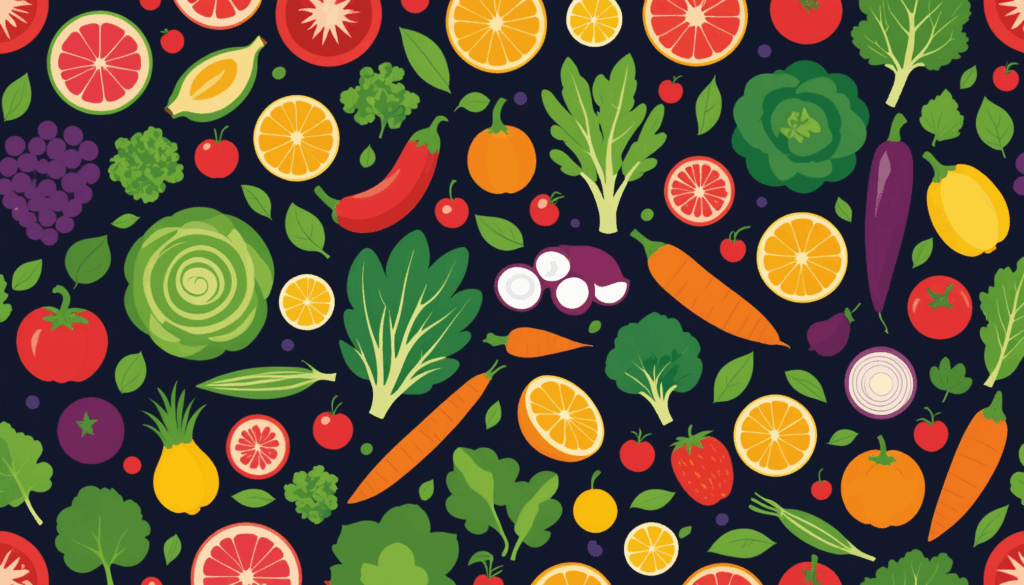 自然の中でマインドフルネスを実践する日本人が、ヨガやジョギングをしながら、ダイエットにおすすめのカラフルな野菜や果物を取り入れた健康的な食事を楽しんでいる様子。					