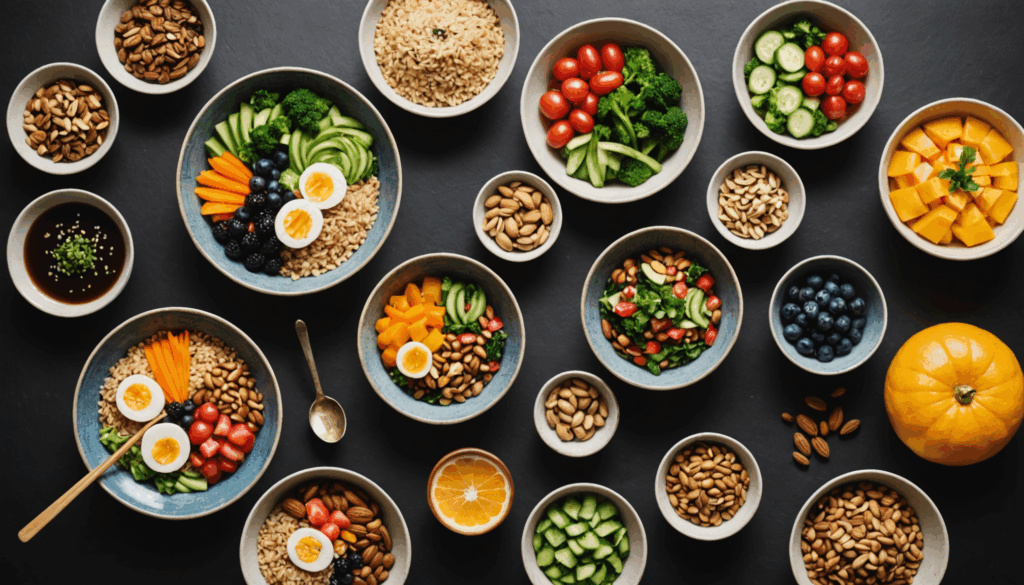 日本のテーマで整えられた、全粒穀物、ナッツ、果物、野菜を使った健康的でバランスの取れた食事の写真。ケトジェニックダイエットの一環として、糖質やカロリーを意識した内容。