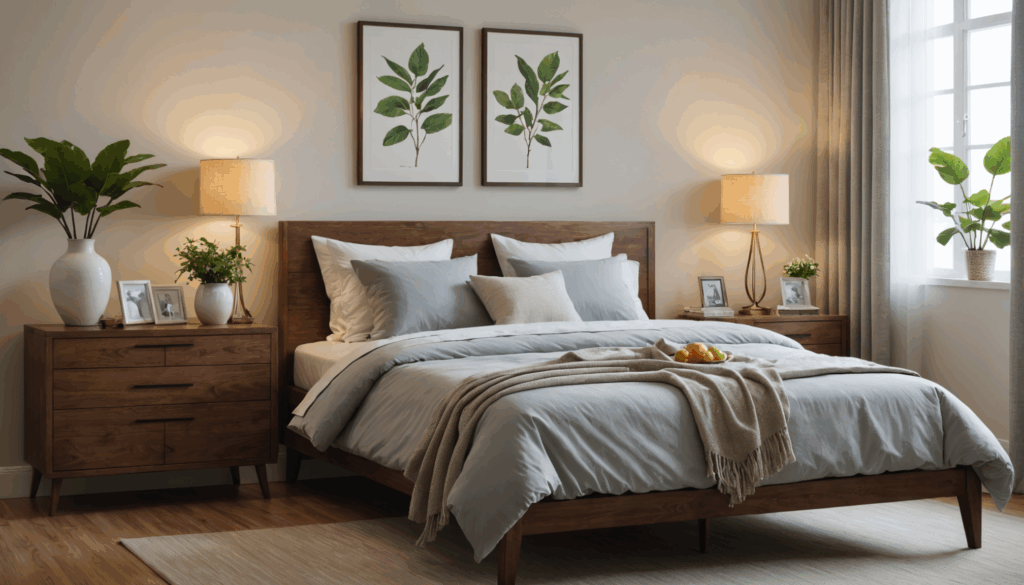 快適なベッドと柔らかな照明のある静かな寝室の写真。質の高い睡眠を促進し、ダイエットや健康的な食事を意識した環境を表現している。