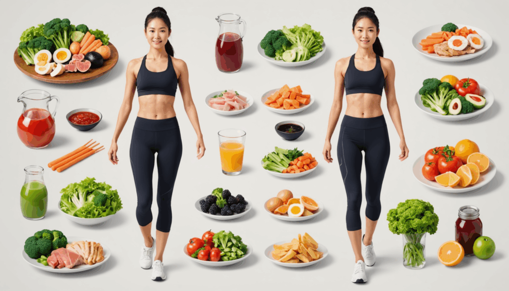 骨格ストレートの日本人女性が、健康的な食事と筋トレを行い、体型の引き締めを意識している様子。	