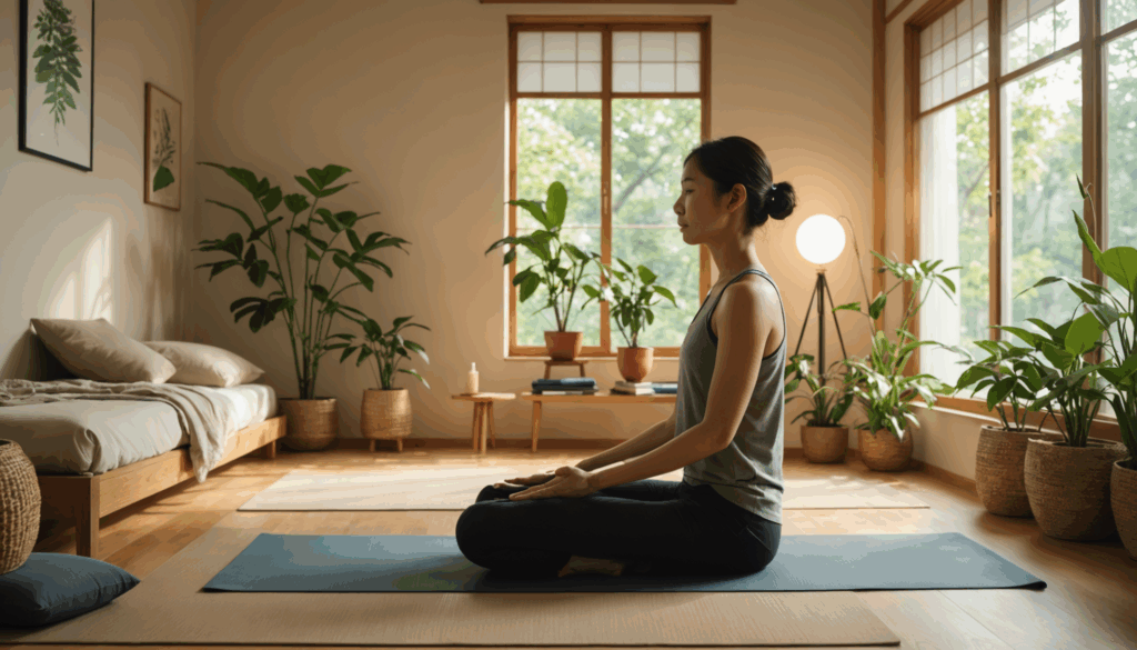 リラックスした雰囲気の寝室で、深呼吸とストレッチをする日本人女性の写真。産後の育児やダイエットによるストレス管理を表現しています。