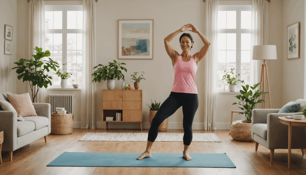 明るい室内でエクササイズをしている自信に満ちた40代女性の写真。お腹痩せを目指し、健康的な生活習慣を実践している様子が伝わる。