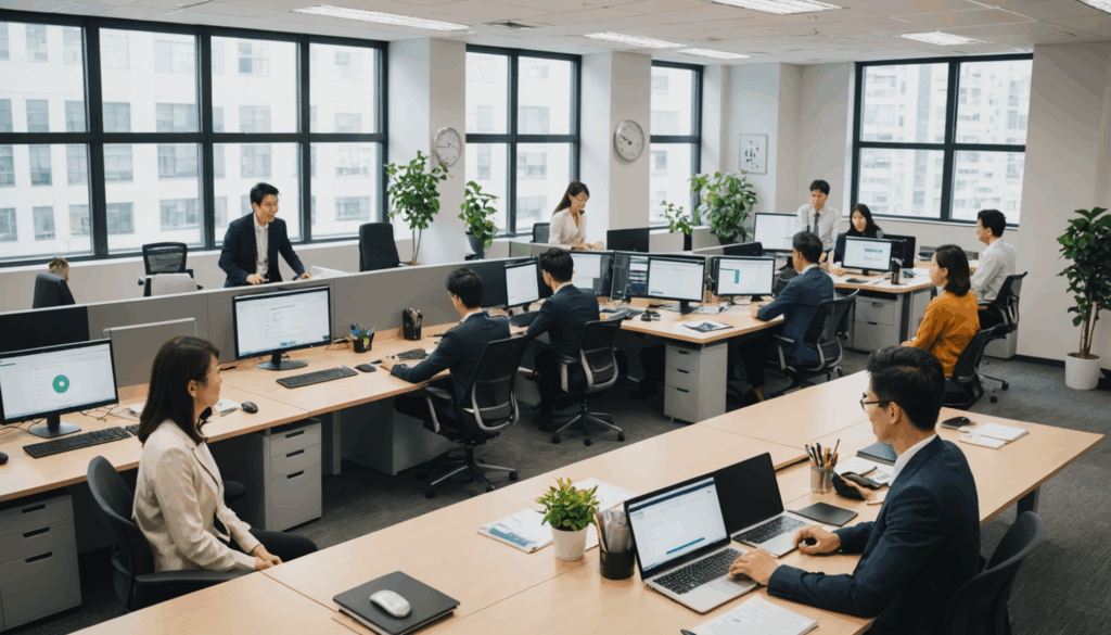 多様性に富んだ職場環境の写真。日本の社員が現代的なオフィスで協力し、アイデアを共有している様子が描かれている。モチベーションを高めるためのコミュニケーションが行われている。