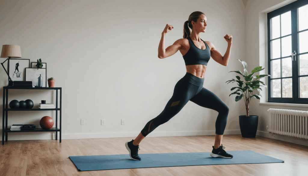 自宅での筋トレを行うフィットなシルエットが描かれ、スクワットやランジ、ヒップリフト、カーフレイズなどの脚やせに効果的なエクササイズが強調されています。