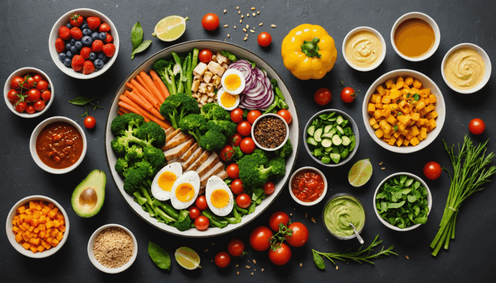 40代女性の健康的な生活を表現した写真。高タンパク質と野菜を使ったバランスの取れた食事や、有酸素運動と筋力トレーニングの様子、質の良い睡眠やストレス管理を象徴する要素が含まれている。