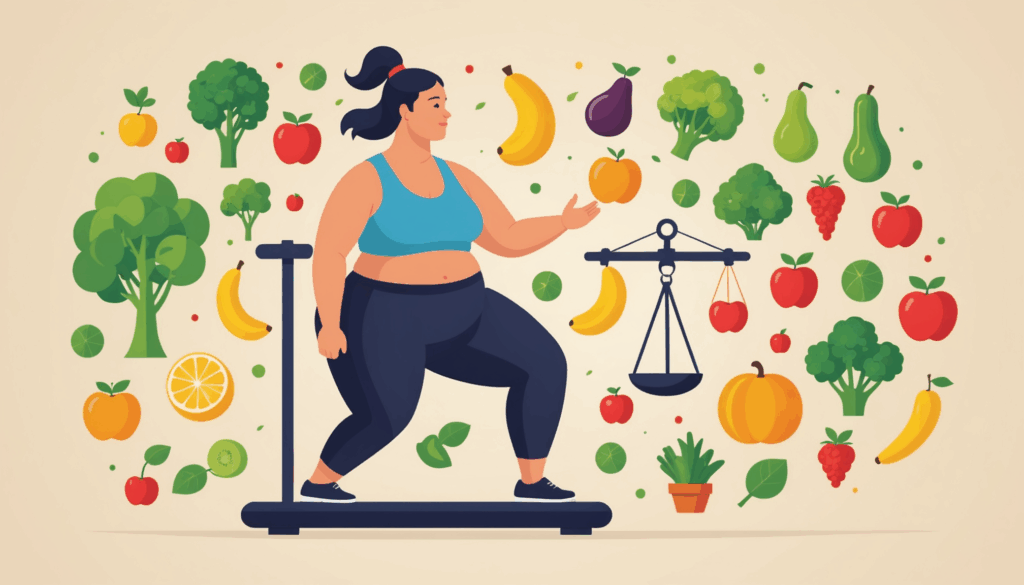 ダイエットの停滞期を乗り越える人の写真。体重計やヘルシーな食事、運動を象徴するアイテムが並び、穏やかでポジティブな雰囲気が漂っている様子