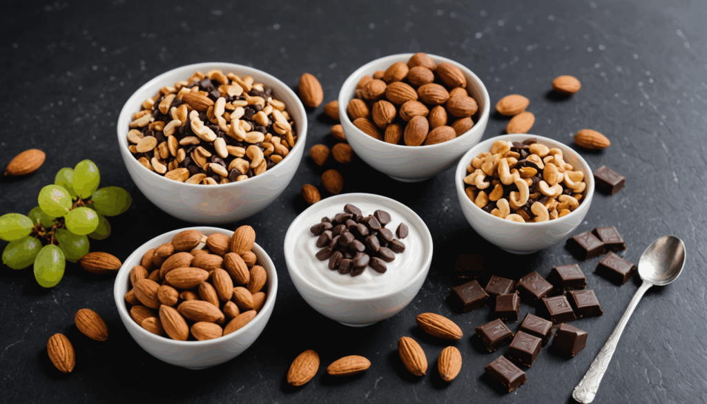健康的なおやつの写真。ダイエットに適したナッツやダークチョコレート、ヨーグルトがスタイリッシュなキッチンに並んでいる様子。