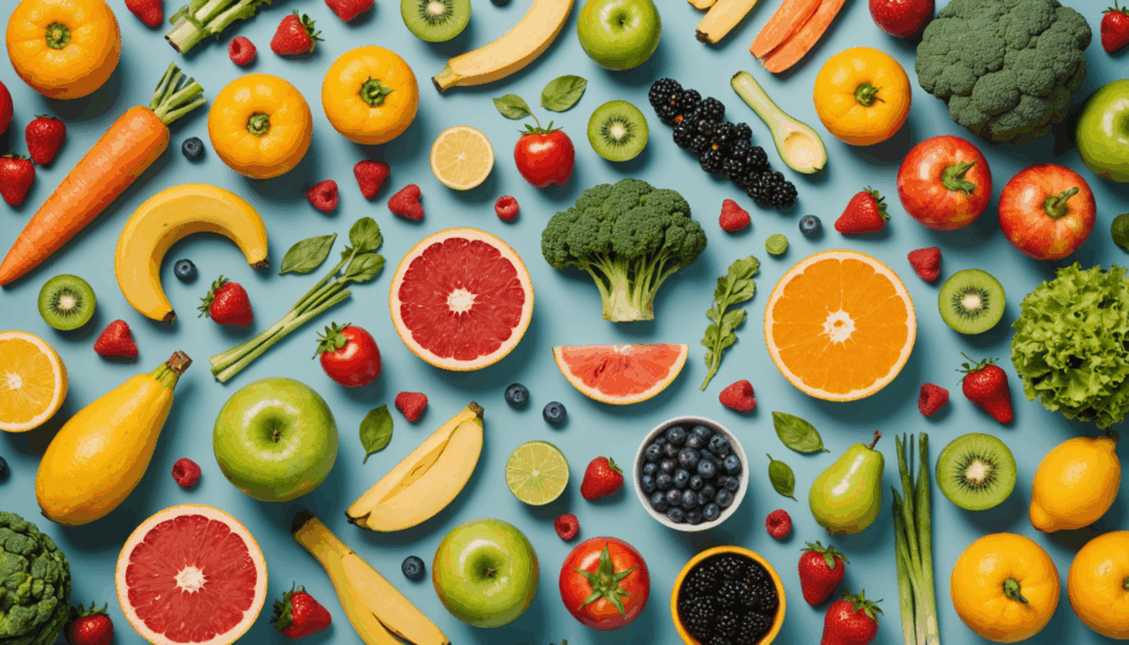 バランスの取れたダイエットを表現した画像。果物や野菜などの健康的な食事を楽しむ人が運動をしている様子。	