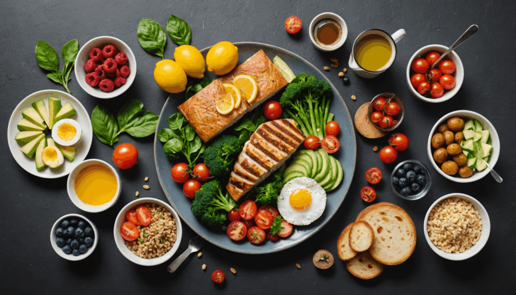 健康的な食事を含むバランスの取れた食事、自然の中で運動する人、安らかな睡眠環境が描かれ、ダイエットの停滞期を乗り越える旅を表現しています。				