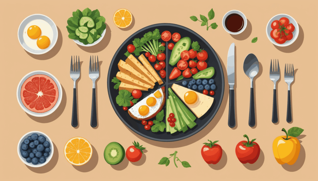 骨格ストレートの体型を持つ人のためのバランスの取れた食事と筋トレの様子を描いたイラスト。健康的な食材とフィットネス環境が特徴的。	