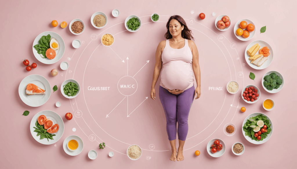 産後のダイエットをテーマにした画像で、ホルモンバランスや基礎代謝、骨盤の整え方、ストレス管理を表現しています。柔らかな色合いで落ち着いた雰囲気を演出。