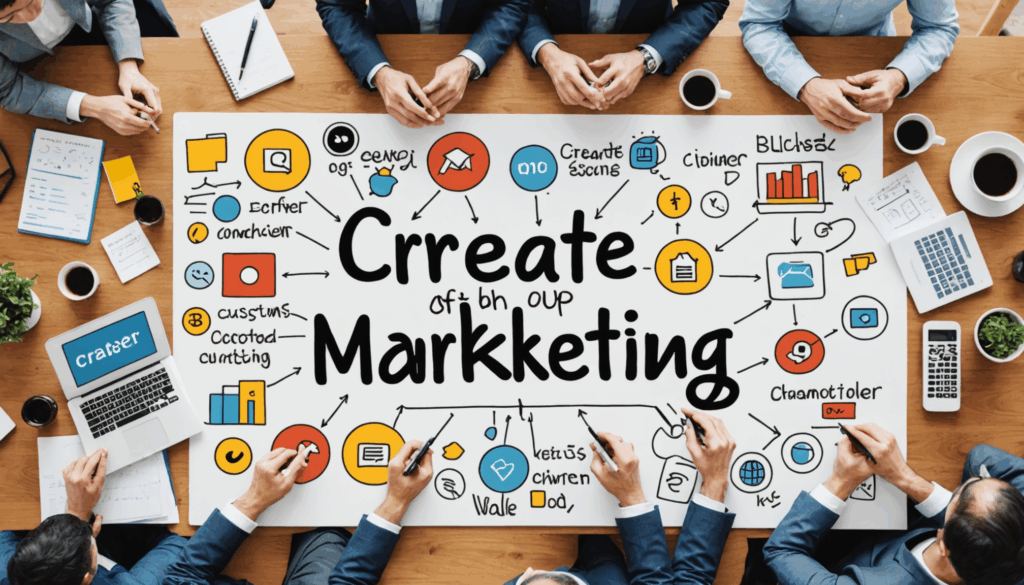 マーケティングの本質を表現した画像。顧客ニーズを理解し、3C分析や4Pフレームワークを通じて価値を提供する様子を描いています。