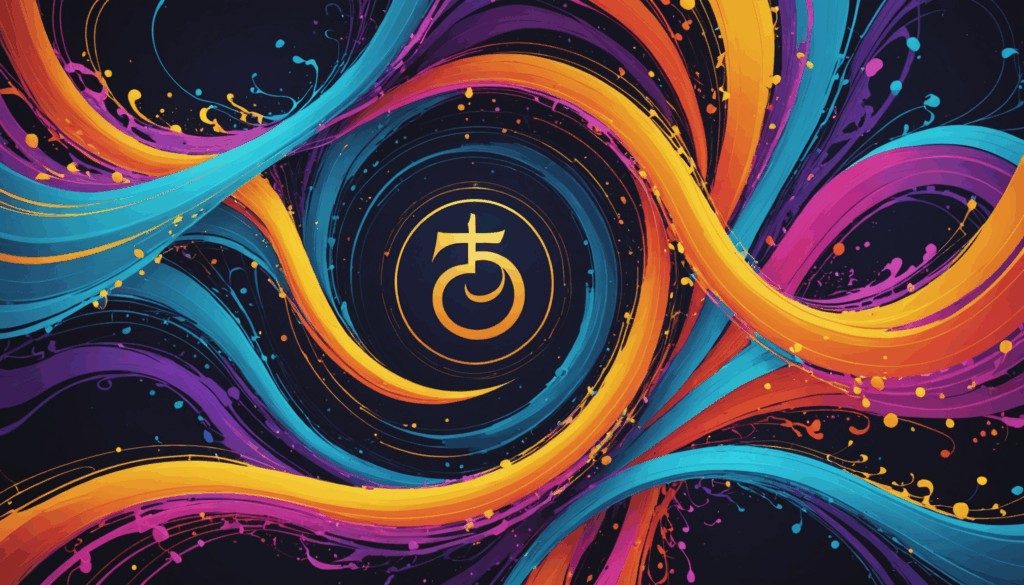 引き寄せの法則を表現した抽象画。ポジティブな思考や感情を象徴する鮮やかなエネルギー波と調和のとれた色合いが、幸せな雰囲気を醸し出している。