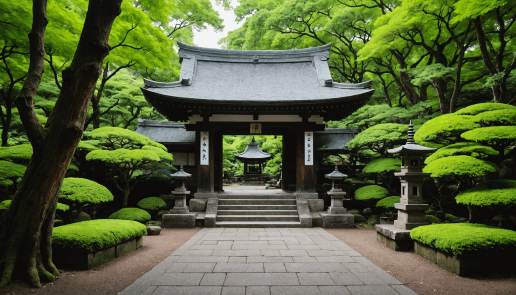 緑に囲まれた伝統的な神社の写真。参拝者が心の悪縁を断ち切るために祈願する様子を捉えています。
