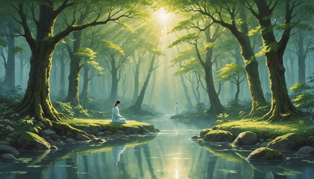 柔らかな光と流れるエネルギーに包まれた、自然の中でのスピリチュアルヒーリングを表現した風景。心身の癒しと調和を感じるシーン。