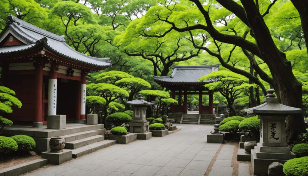 東京の神社の写真。緑に囲まれた伝統的な建築の中で、参拝者が心を込めて願いを込める様子が描かれている。