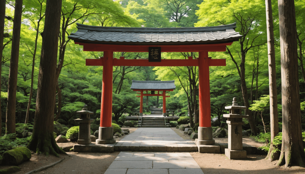 鳥居がある神社の写真。伝統的な服装を身にまとった参拝者が、自然に囲まれた静かな雰囲気の中で参拝している様子。