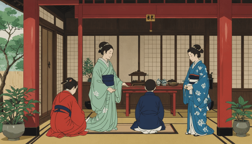 静かな神社で、妊娠中の女性が伝統的な服装で安産祈願を行い、家族に囲まれた様子を描いたイラスト。