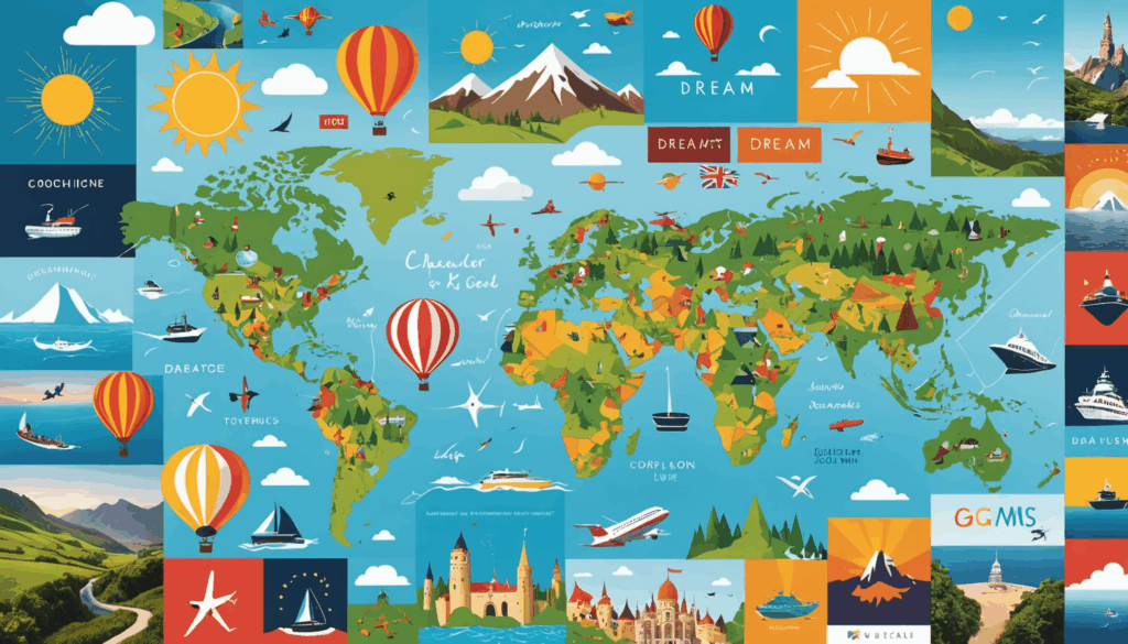 夢や目標を表現したカラフルなドリームマップのコラージュ。旅行やキャリア成功、自己成長をビジュアル化し、モチベーションを高める様子。