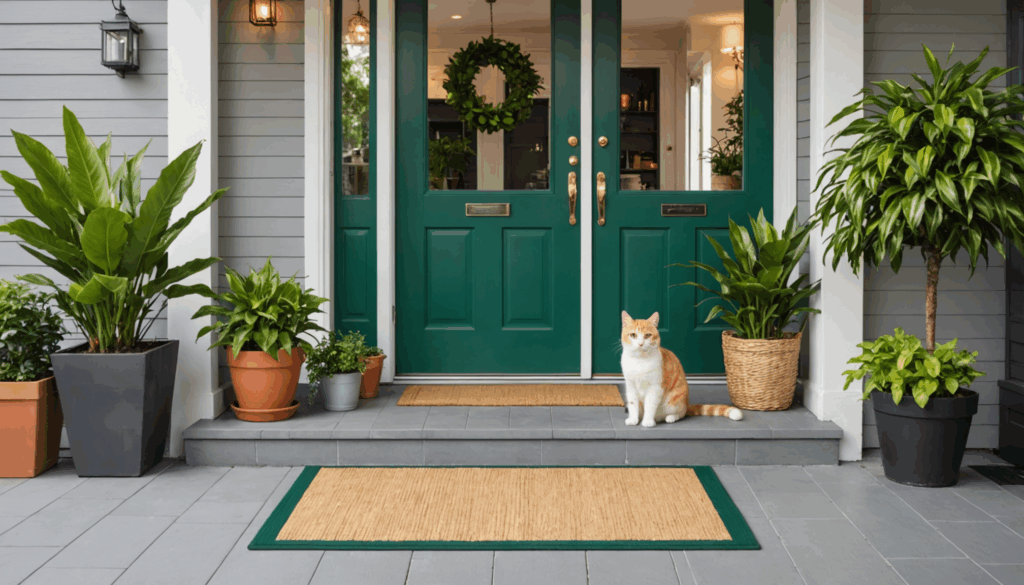 玄関の写真。清潔で整理された空間に明るい玄関マットと緑の植物、運気を呼ぶ置物や鏡が配置されている様子。