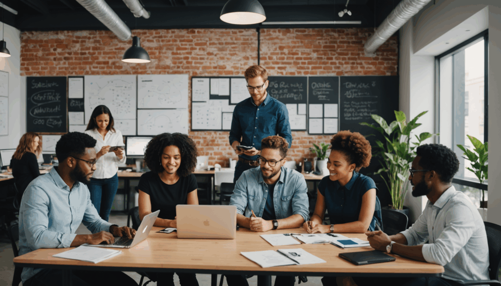 多様な起業家たちが現代的なオフィスでブレインストーミングを行っている写真。創造性とコラボレーションの重要な特徴を捉えています。