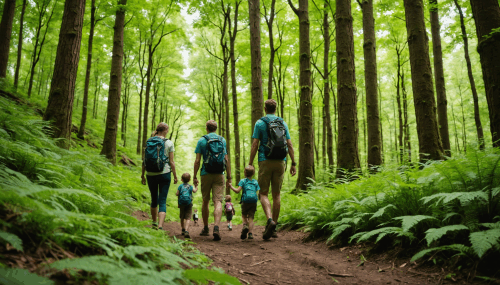 緑豊かな森でハイキングを楽しむ親子の写真。自然体験を通じて家族の絆を深めている様子