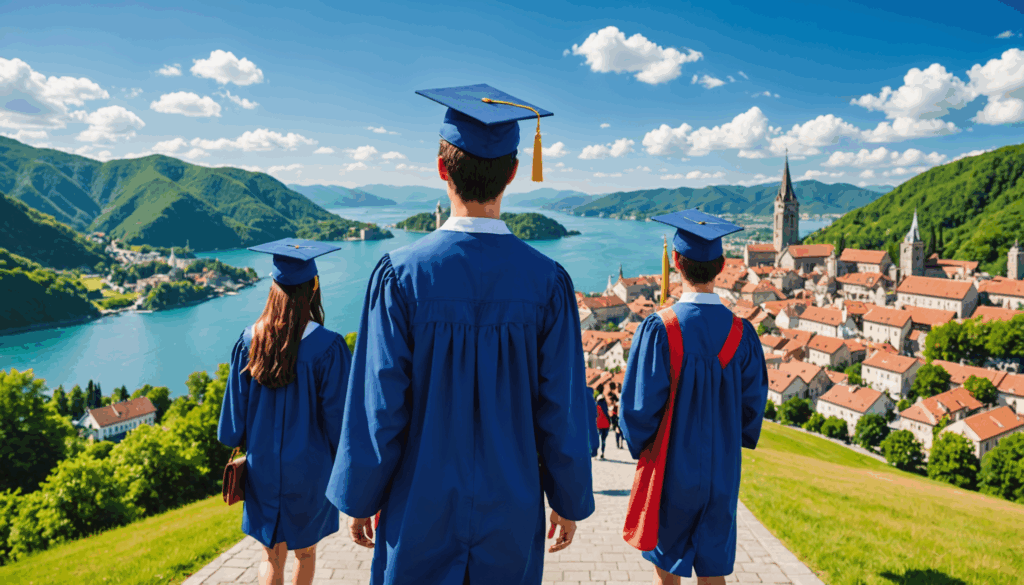 卒業旅行の写真。高校生たちが友達と一緒に人気の観光スポットを背景に、楽しい旅行を楽しんでいる様子。