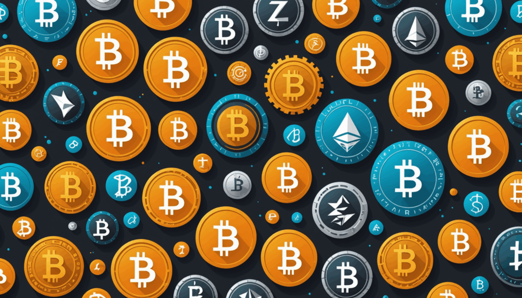 ビットコインや他の仮想通貨をテーマにしたデジタルイラストで、ブロックチェーン技術の未来的なビジョンを表現しています。