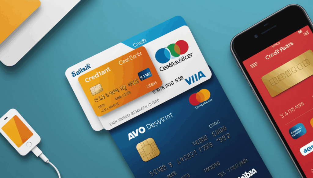 現代的なデザインのクレジットカードとスマートフォン、ショッピングアイテムが背景に描かれ、便利な支払い方法のメリットを強調したイラストです