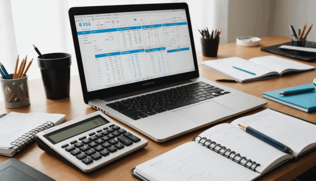 手書きの家計簿と計算機、スプレッドシートを表示したノートパソコンが並ぶ整理された作業スペースの写真。お金の管理や支出の見える化に役立つ雰囲気を演出しています。