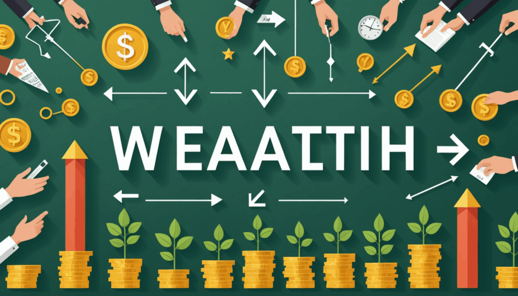 若い大人たちが資産形成を目指して、貯蓄や投資を行っている様子を描いた画像。成長を象徴する植物や上向きの矢印が含まれています。