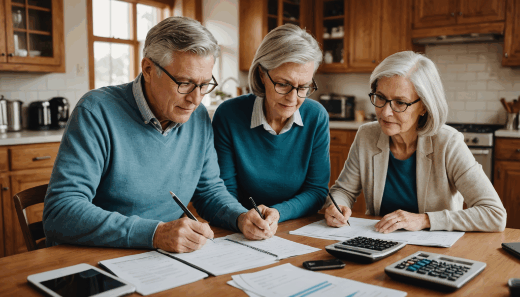 老後資金の計画を立てる夫婦が、テーブルで書類や計算機、ノートパソコンを使っている様子。安心感と未来への準備が感じられる家庭的な雰囲気