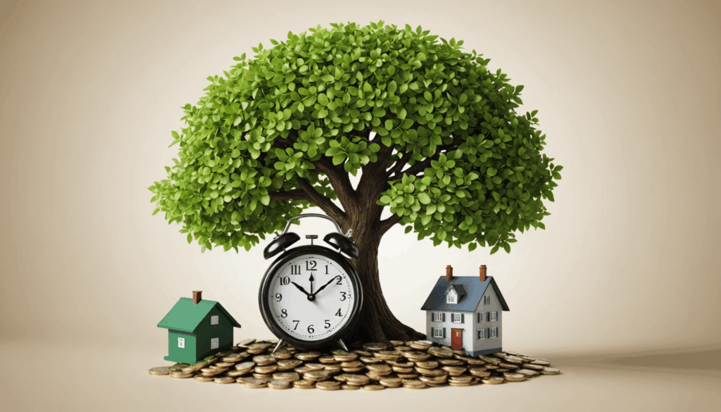 老後の資産運用を象徴する成長する木や時計、穏やかな家庭の風景を描いた画像。投資や積立投資の重要性を感じさせる内容