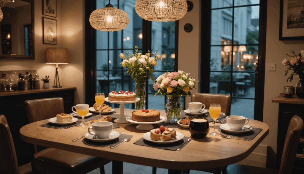 おしゃれなおうちカフェのシーン。美しくセッティングされたテーブルに、スタイリッシュなドリンクとスイーツが並び、柔らかな照明と花で飾られている様子