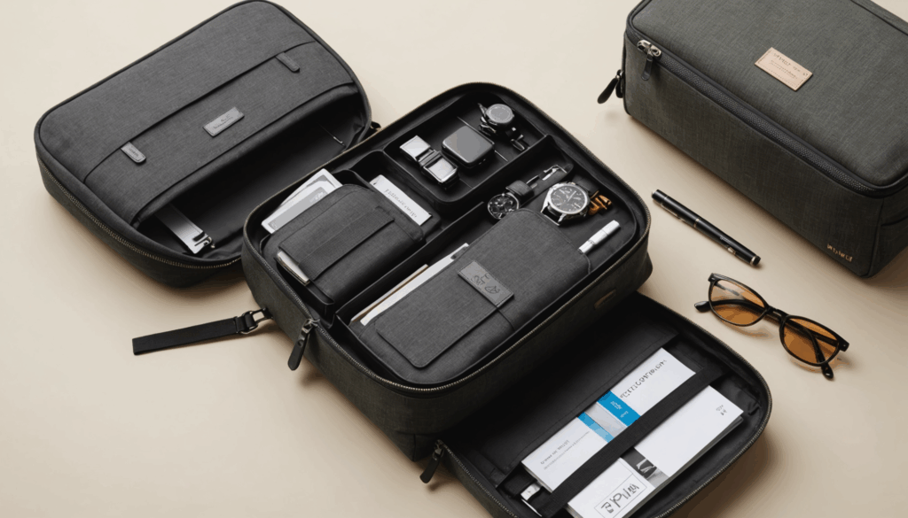 おしゃれなガジェットポーチの写真。男性向けにデザインされた、スマホや充電器、ケーブルを収納するためのコンパクトなポーチの様子