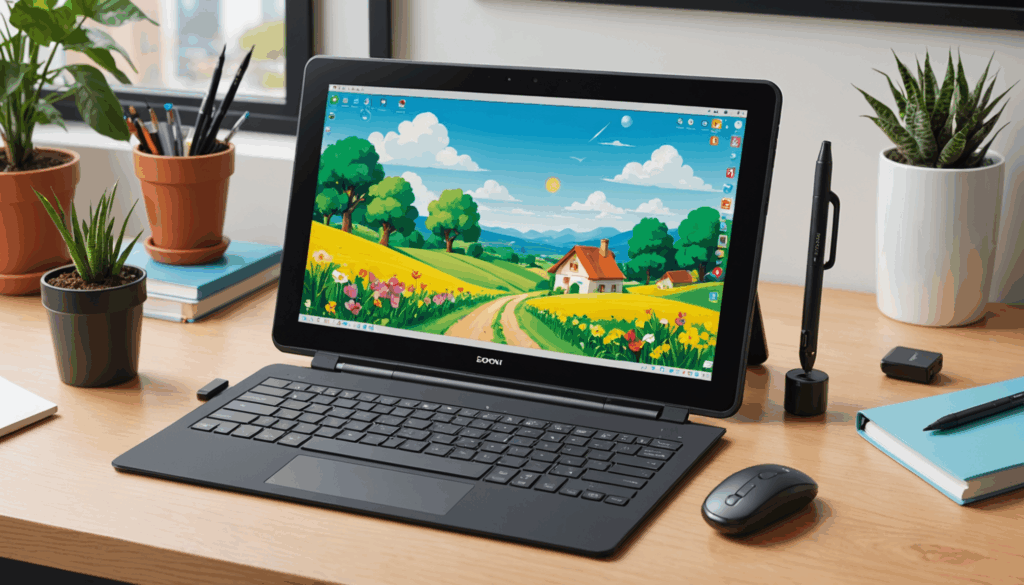 初心者向けのペンタブレットと液晶タブレットが並んでいるイラスト。筆圧検知や傾き検知などの特徴が強調されている。