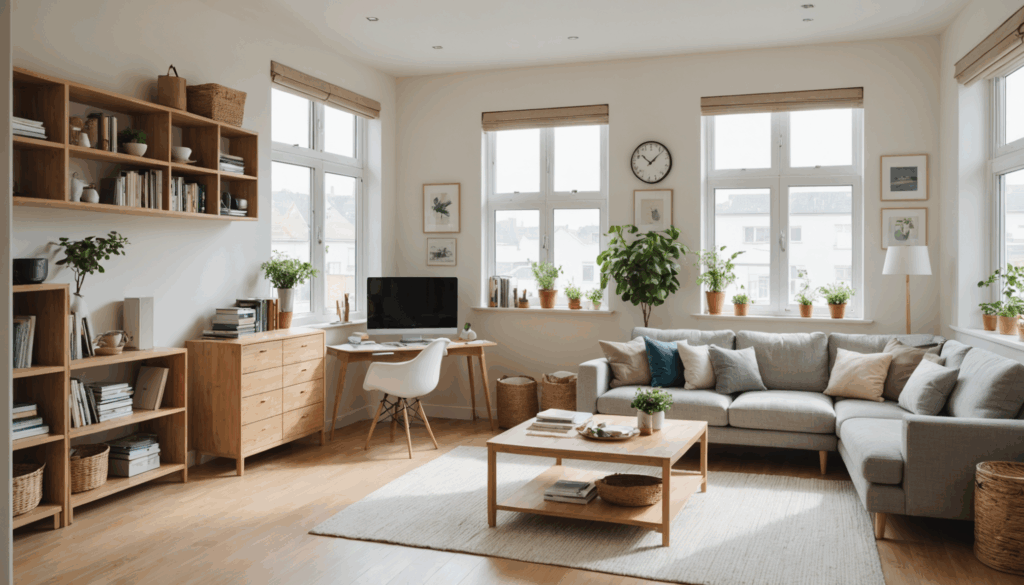 明るい自然光が差し込む整頓されたリビングスペースの写真。片付けられたモノが整然と配置され、落ち着いた雰囲気を醸し出している。