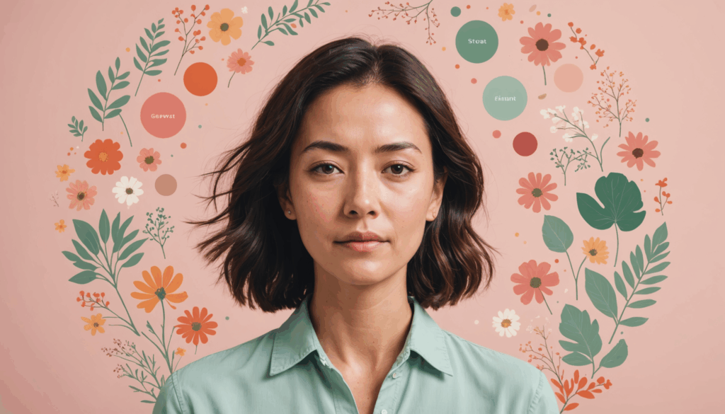 女性のストレス要因を示した画像。ホルモンバランスや人間関係などの要素が描かれ、リラックスできる色合いで表現されている。