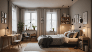 一人暮らしにおすすめのコンパクトな生活空間の写真。ベッド、テーブル、収納家具などの必須家具が効果的に配置されている様子。