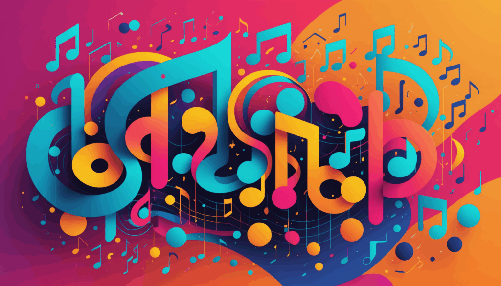 音楽サブスクの抽象的なイメージ。鮮やかな色彩と音符が無限の音楽アクセスを表現している様子。