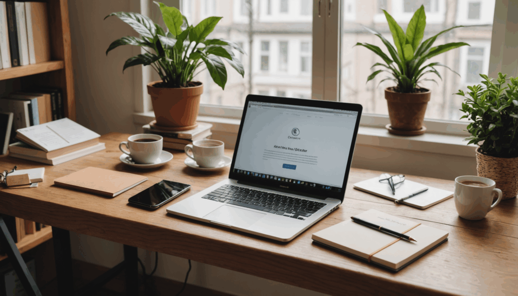 "1. 自宅の快適なオフィスで、ノートパソコンやコーヒー、メモ帳が並び、初心者のウェブライターの作業環境を表現しています。 2. おしゃれなノートパソコンが木のテーブルに置かれ、本や植物に囲まれ、ブログやアフィリエイトマーケティングの環境を象徴しています。 3. 清潔なキッチンに掃除用具と作業リストが置かれ、自宅でのハウスキーピングサービスの様子を示しています。 4. リサイクルショップで商品を選ぶ人が、ショッピングバッグとスマートフォンを持ち、転売や仕入れのプロセスを描写しています。 5. コンピュータ画面に表示された活気あるオンラインストアのインターフェースが、整然とした商品を並べており、eコマース事業を表現しています。