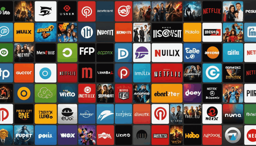 2025年の人気動画配信サービスを表現した画像で、NetflixやAmazonプライムビデオ、U-NEXTなどのロゴが並び、各サービスの多様なコンテンツを強調した現代的で鮮やかなデザイン。