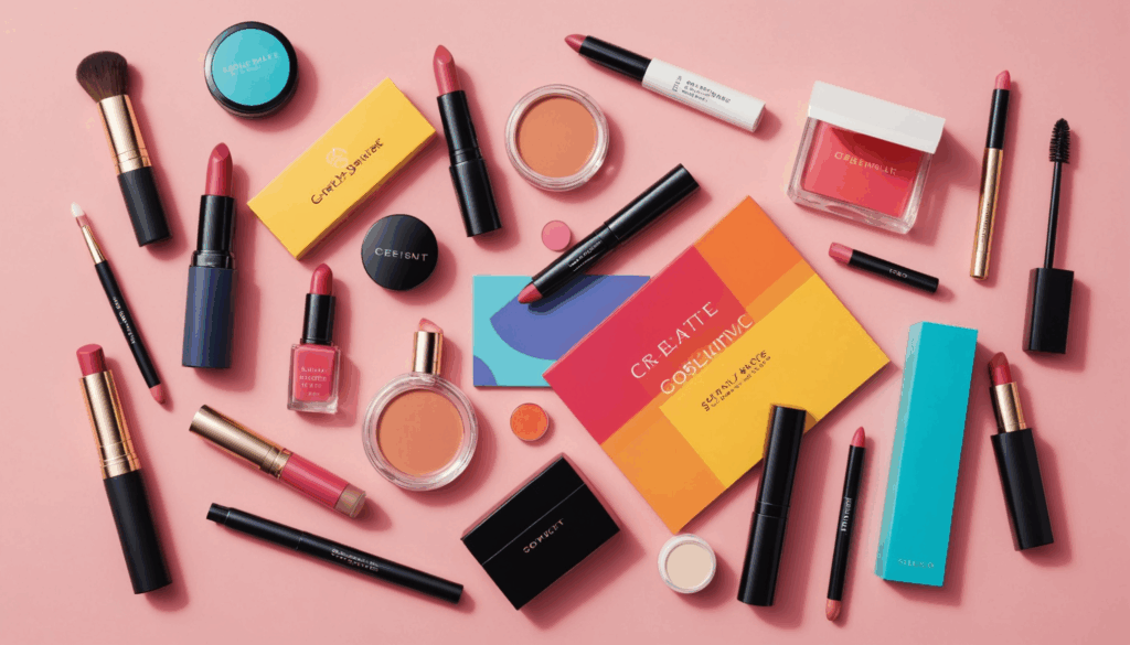 サブスクサービスを象徴する画像で、化粧品や洋服、生活用品が色鮮やかに並び、多様性と便利さを表現している様子