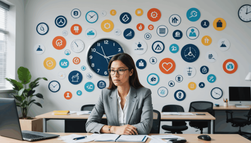 キャリアアップを考える女性が、仕事とライフイベントのバランスを象徴する時計や家族のアイコンに囲まれた現代的なオフィスで、明るくインスピレーションを与える雰囲気の中にいる様子。